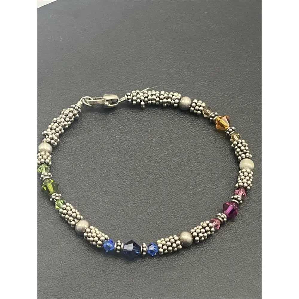 Vintage Sterling Silver 925 Tennis Beaded Bracelet Orange Pink Blue Green Grey